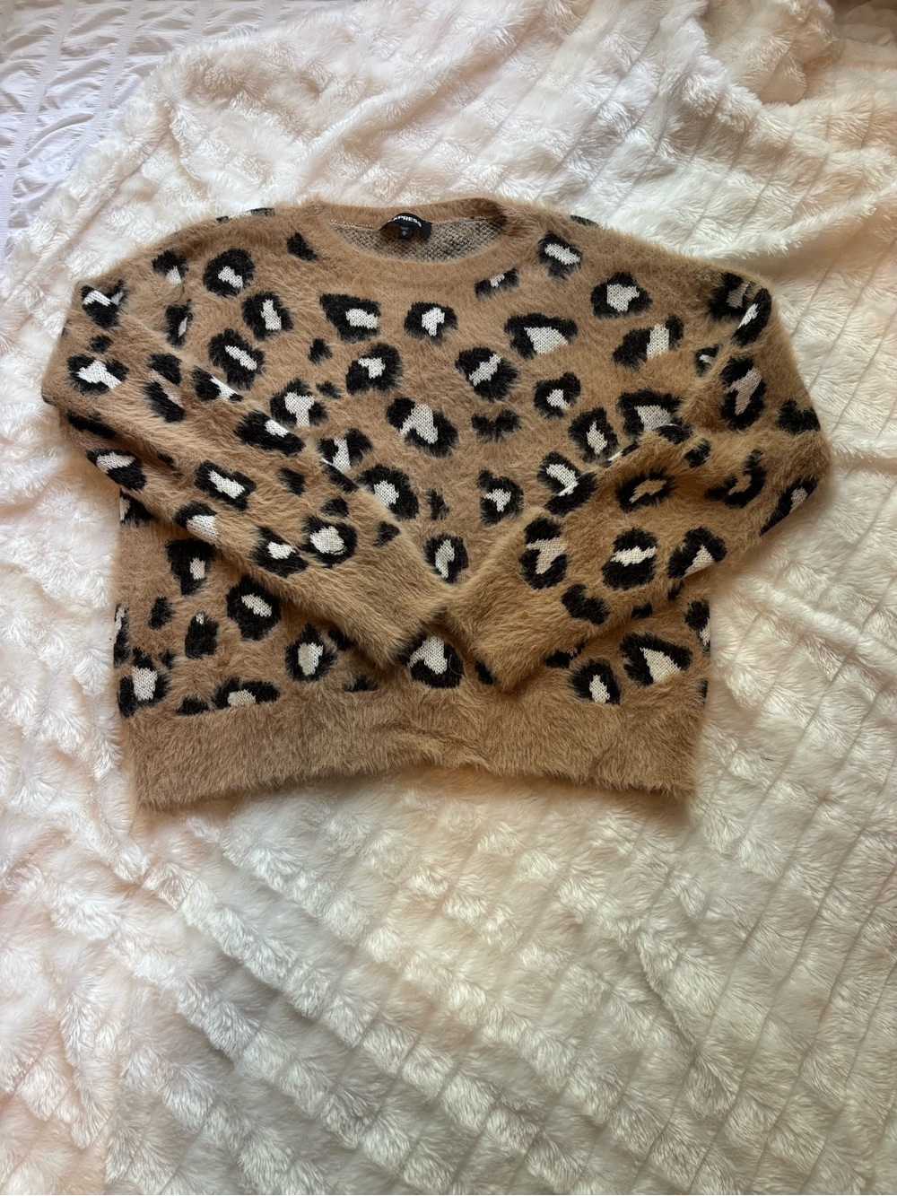 Fuzzy Leopard Print Crewneck Sweater - Camel/Black/White